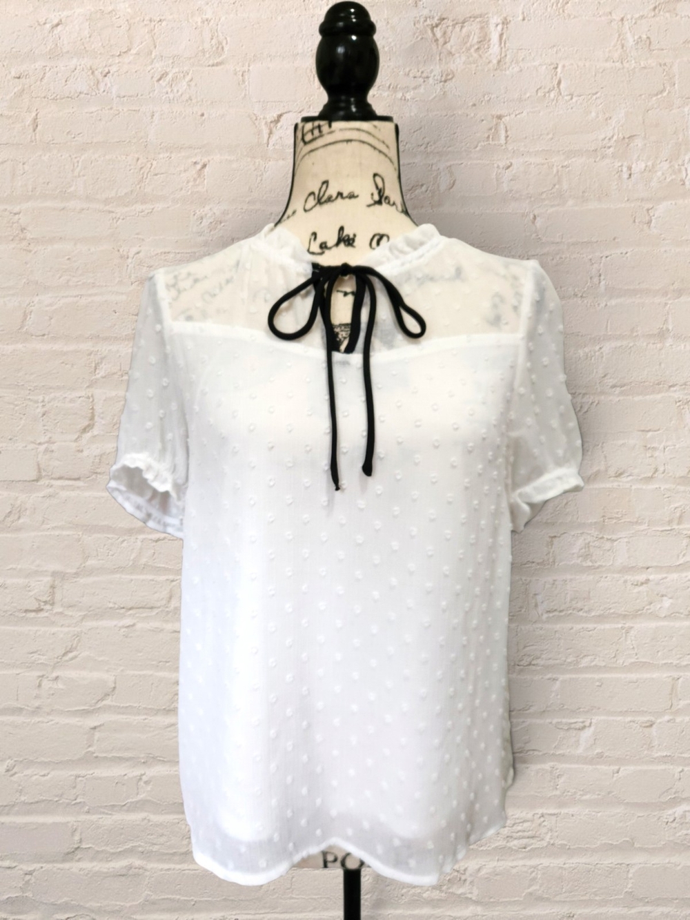 Monteau Los Angeles White Swiss Dot Neck Tie Sheer Yoke Blouse L